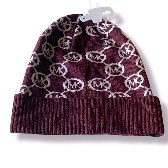 Michael Kors Rib Knit Beanie All-Over MK Print Burgundy White One Size NWT - Picture 3 of 11